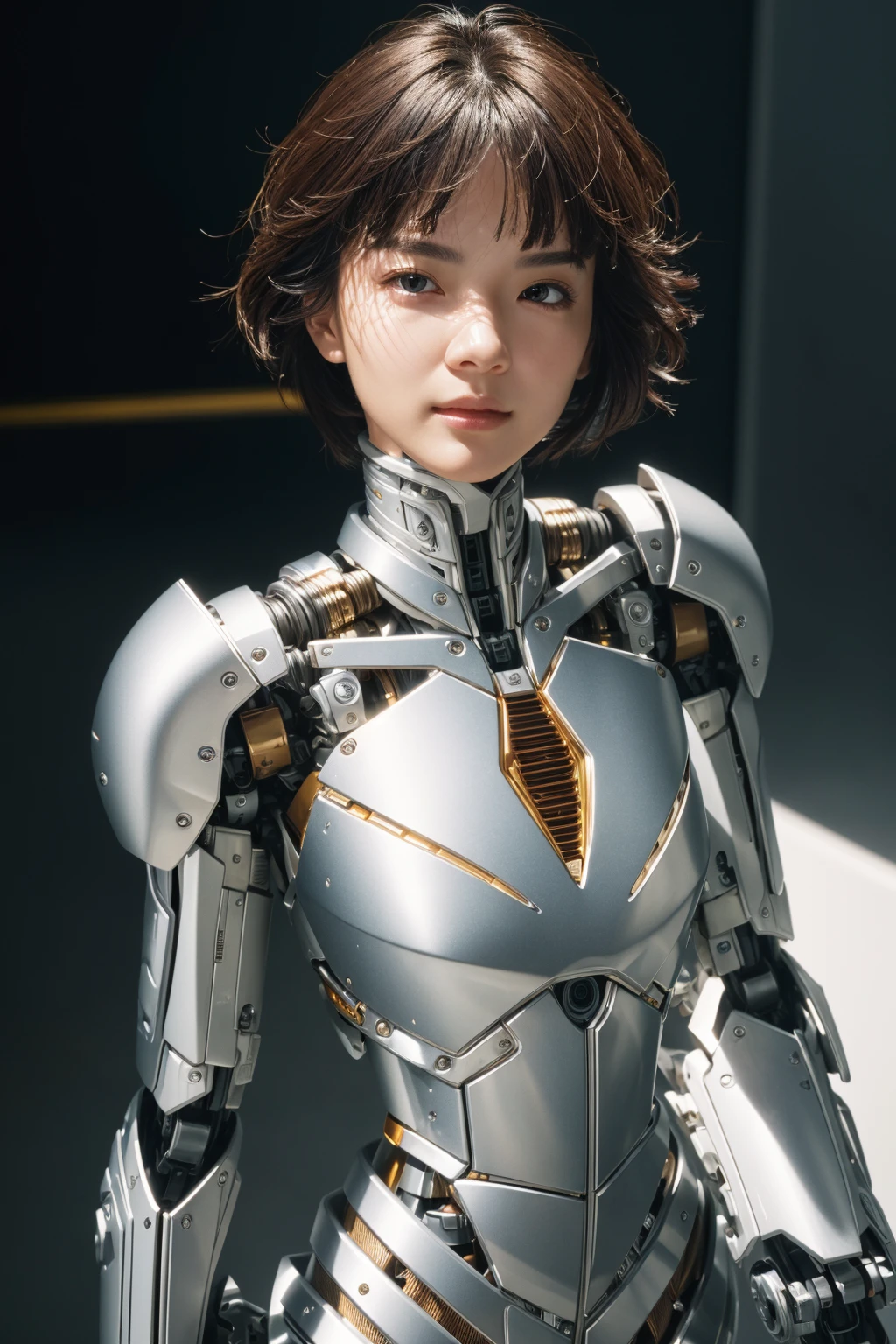 <lora:1girlmix:0.65>, mix4, <lora:cuteGirlMix4_v10:0.1>, complex 3d render ultra detailed of a beautiful porcelain woman cyborg, (natural skin texture, realistic face and brown eyes details:1.25), robotic parts, beautiful soft light, rim light, vibrant details, luxurious cyberpunk, hyperrealistic, anatomical, facial muscles, cable electric wires, microchip, elegant, beautiful background, octane render, 8k, best quality, masterpiece, extremely delicate and beautiful, unity, wallpaper, (realistic, photo-realistic:1.2), Amazing, finely detail, best quality, official art, extremely detailed 8k wallpaper, absurdres, incredibly absurdres, robot, silver halmet, full body, android, metal lace, fluffy black short hair, (cleavage, noble lady:0.8), darkness