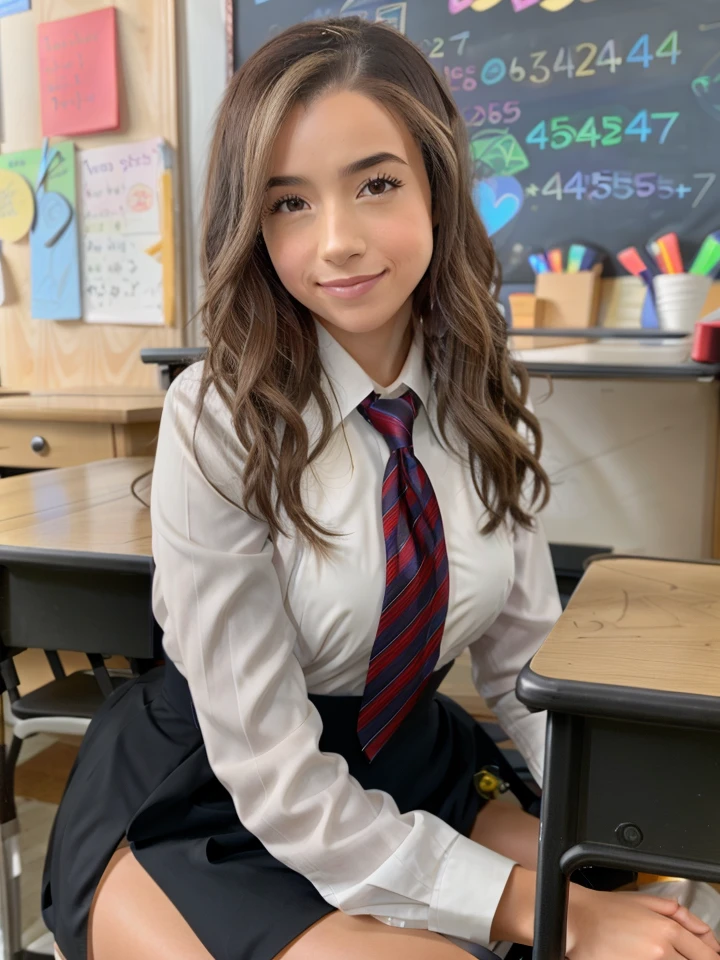 close up, (pokimane), wearing a school uniform, sexy, leaning on a desk, [cleavage:0.3], happy
 <lora:pokimaneDoguv3:1>