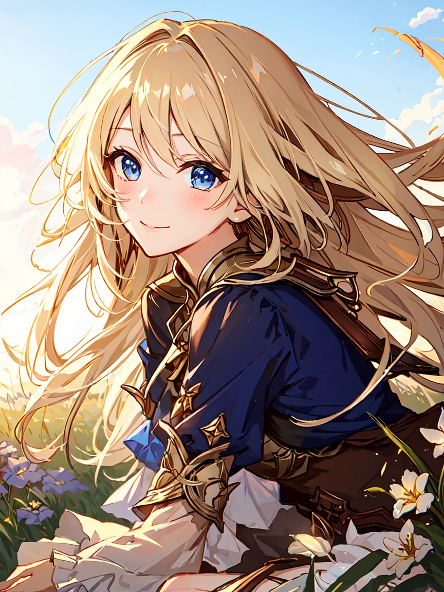 masterpiece,best quality,1girl,<lora:ShadowverseTetra_v1:0.75>,blonde hair,glowing blue eyes,close-up,serious,shiny,shy,blush,,grass,flowers,adjusting hair,turning head,looking at viewer,smile,sitting,from side,starry sky