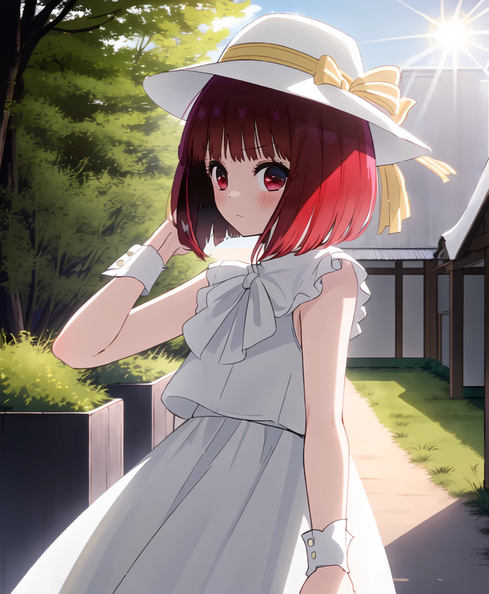 roof, wrest, Arimakana; 1girl, solo, gravure, masterpiece, visual effect, turning around, outdoors, sunshine, cowboy shot, sun hat, bob cut, blush,   adjusting hair, cinematic angle,
  <lyco:oshinoko-ep02-cs2-loha-step-35000:1>