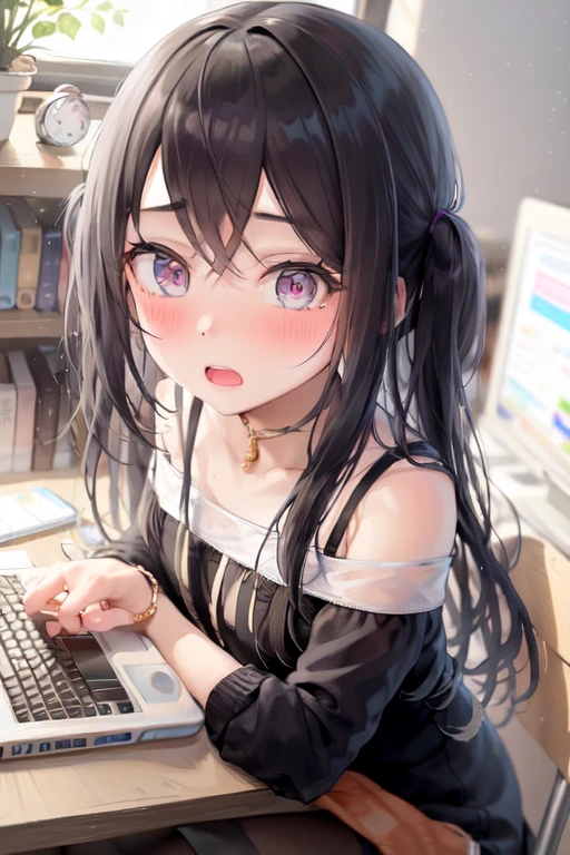 1girl, caught, looking at viewer, at computer, blush, embarrassed, <lora:concept-caught-v2:1>