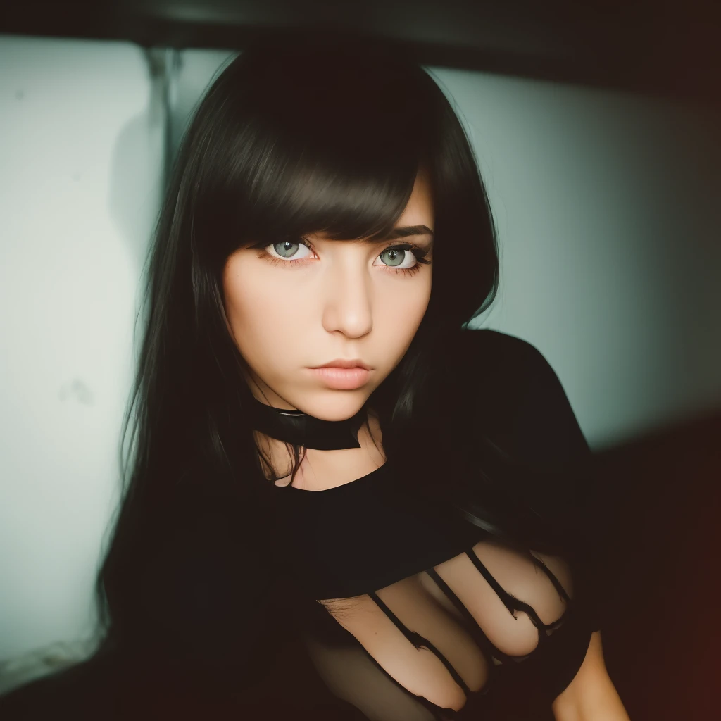 <lora:NightphotoV1-0:0.8>, (sharp flash, bad flash, low quality photo, digital), film grain, black background, realistic, beautiful european girl in a dark basement, (realistic face, perfect eyes, perfect face:1.2), thigh highs, eyeliner, t-shirt, micro_shorts