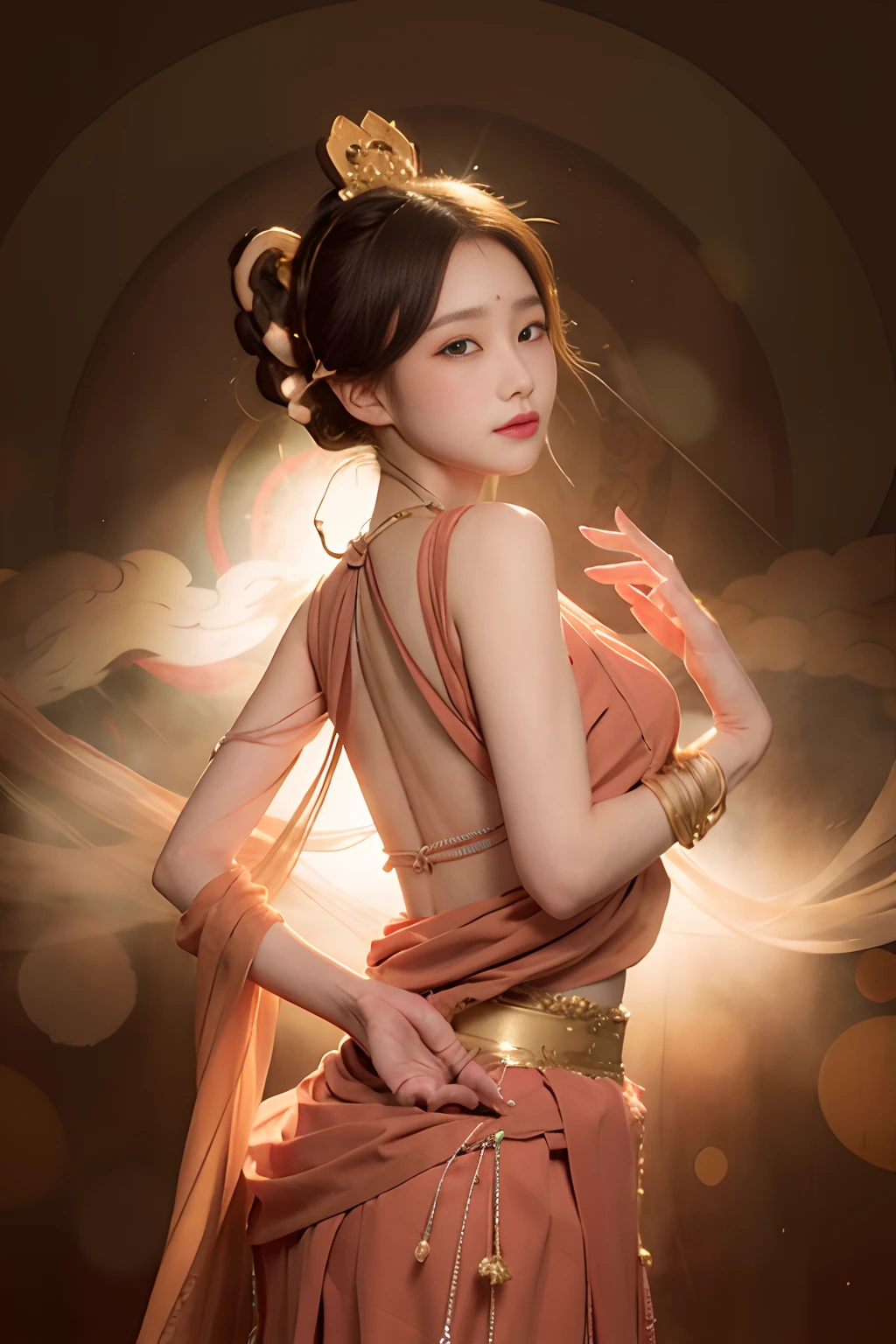 1 girl,dunhuang_cloths,dunhuang_style,best quality, realistic, photorealistic, award-winning illustration, (intricate details:1.2), (delicate detailed), (intricate details), (cinematic light, best quality Backlights), clear line,fashion girl, sharp focus, realistic face,detailed face,official art, unity 8k wallpaper, ultra high res, (photorealistic:1.5), looking at viewer, ulzzang-6500 <lora:style_dunhuang:1> <lora:koreandolllikenessV20_v20:1>