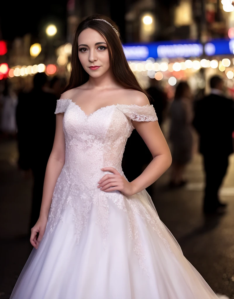 woman looking into the camera, evening, wide angle, crowded street, blurry background, full body, pale
, sassy,
bride dress <lora:LucidLavender-000003:1>