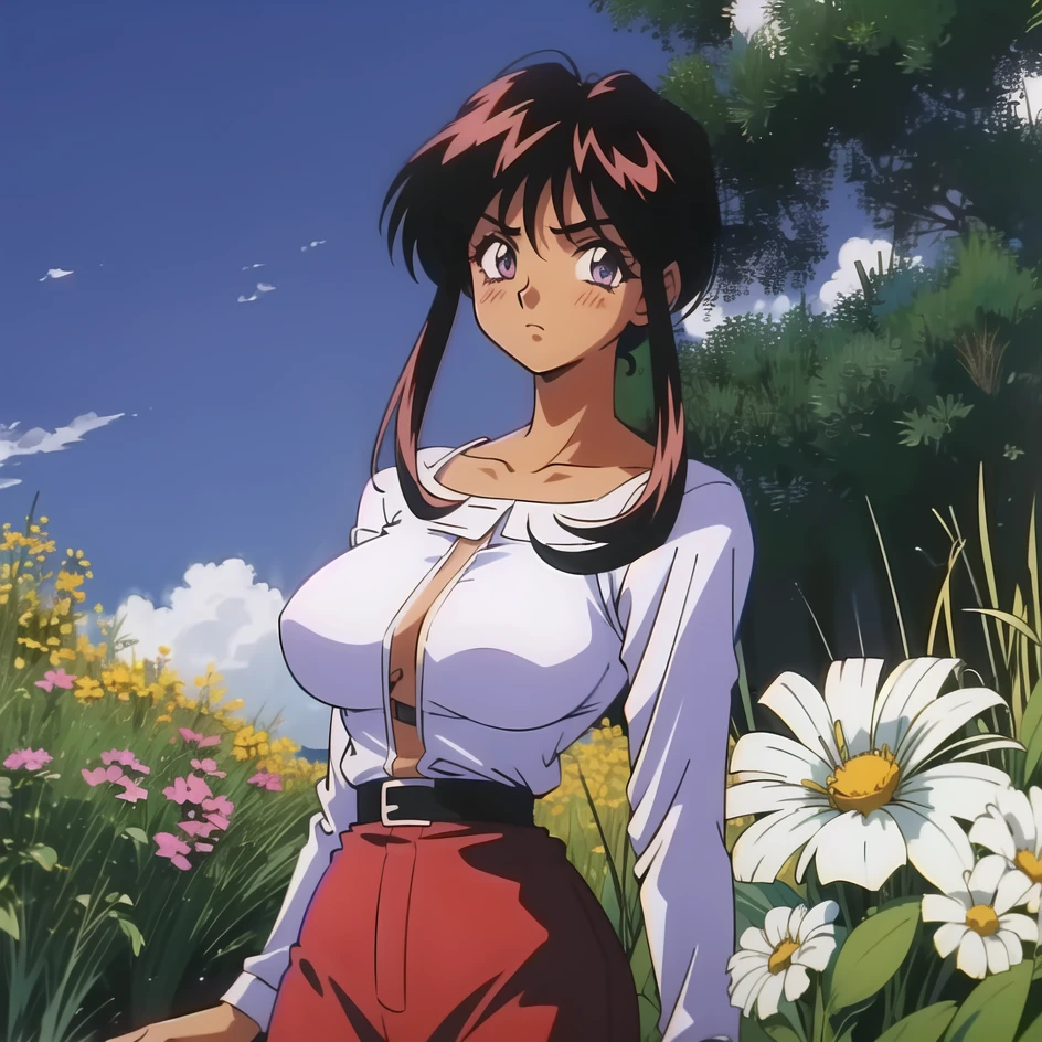 1girl, collarbone, impossible clothes, standing, masterpiece, best quality, extremely detailed 8K wallpaper, skin tight, ultra detailed, volumetric lighting, best anatomy, detailed eyes, beautiful eyes, best shadow, ultra detailed, <lora:nanvelc:0.8>, sunny day, grass, green hills, flowers, dirt road, dark_skin, dark-skinned_female, retro_artstyle, 1990s_(style), purple eyes , brown hair,