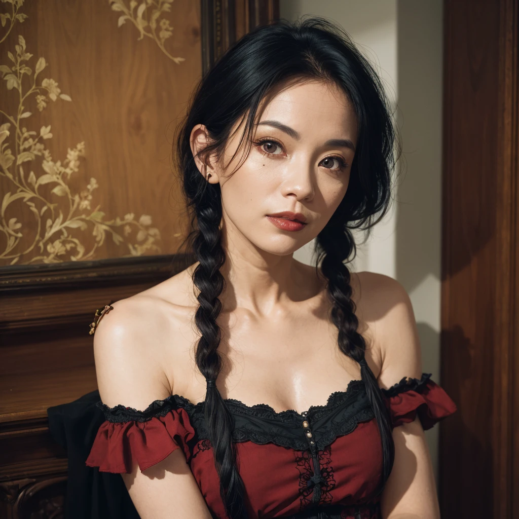 <lora:1girlmix:0.6>, masterpiece, best quality, 1girl, solo, (natural skin texture, realistic eye and face details:1.5), (dark:1.4), deep shadow, darkness, moonlight, award winning photo, extremely detailed, amazing, fine detail, absurdres, highly detailed woman, extremely detailed eyes and face, piercing red eyes, detailed clothes, skinny, (gothic), twintails, bangs, frills, skirt,red hair, by lee jeffries, nikon d850 film, stock photograph, kodak, portra 400 camera f1.6 lens, rich colors, hyper realistic, lifelike texture, dramatic, lighting, unrealengine, trending on artstation, cinestill 800 tungsten, Style-Neeko, (facial clarity:1.5),(transparent clothes:1.1),anatomical, gothic style, black lace, half classicism half surrealism aristocratic lady, mystery style tattoo, fantasy