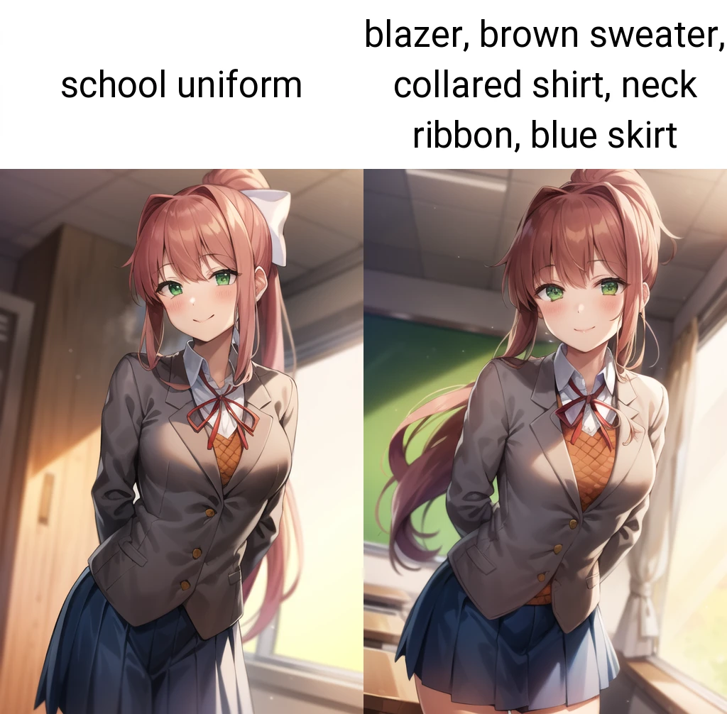 2d, masterpiece, best quality, anime, highly detailed, cowboy shot, 1girl, solo, monika, green eyes, very long hair, ponytail, school uniform, standing, leaning forward, arms behind back, smile, classroom <lora:ddlc-10:1>