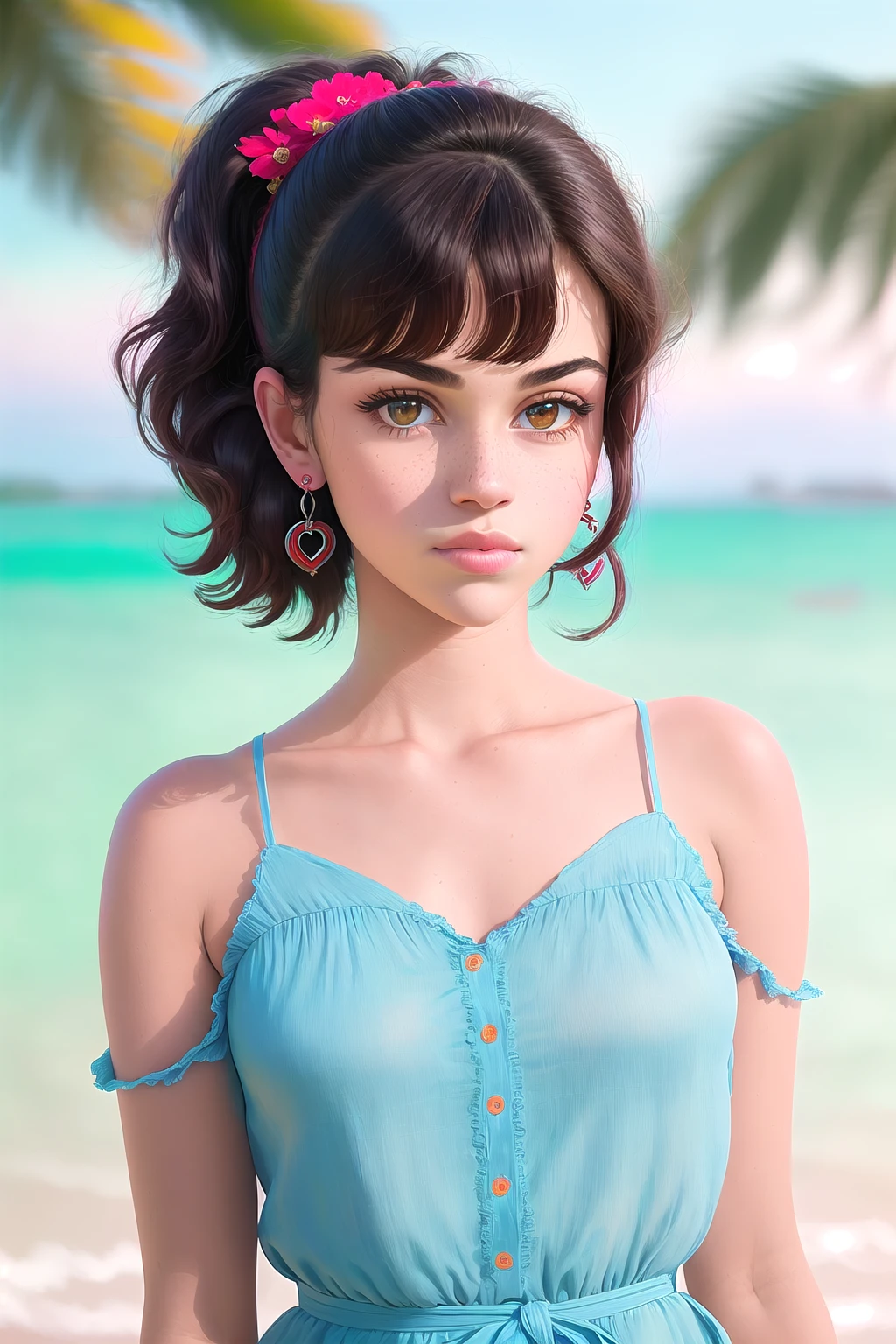 mdnn, (sharp focus:1.2), portrait, attractive young woman, (beautiful face:1.1), detailed eyes, luscious lips, (eye makeup:1.2), (tight body:1.2), wearing (flowery dress:1.2) at (the beach:1.2). (morning sun lighting:1.2), depth of field, bokeh, 4K, HDR. by (James C. Christensen:1.2|Jeremy Lipking:1.1).