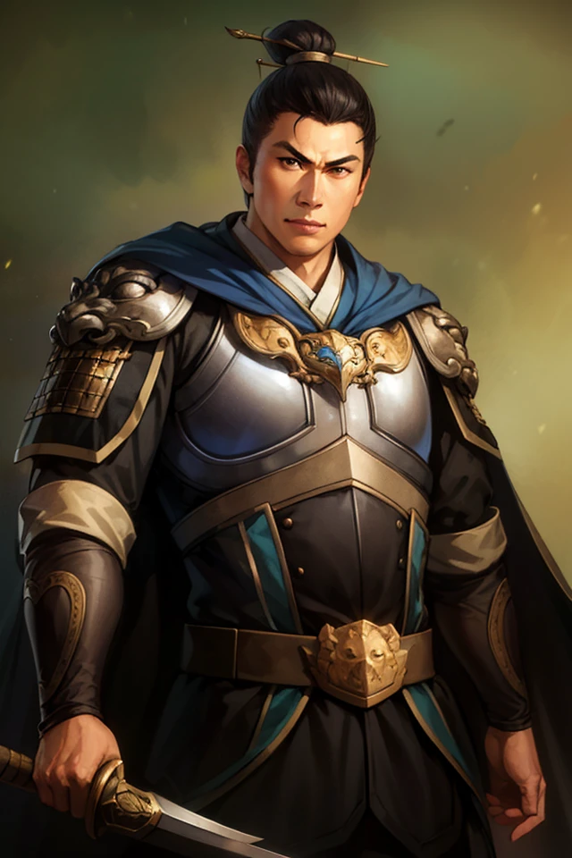 (4k, best quality, highres:1.1), (masterpiece:1.1), man, Chinese male, detailed eyes, looking at viewer, (Donnie Yen:1.2),
sword, weapon, 1boy, helmet, male_focus, armor, solo, cape, sheath , muscular,   confident, black suit armor,