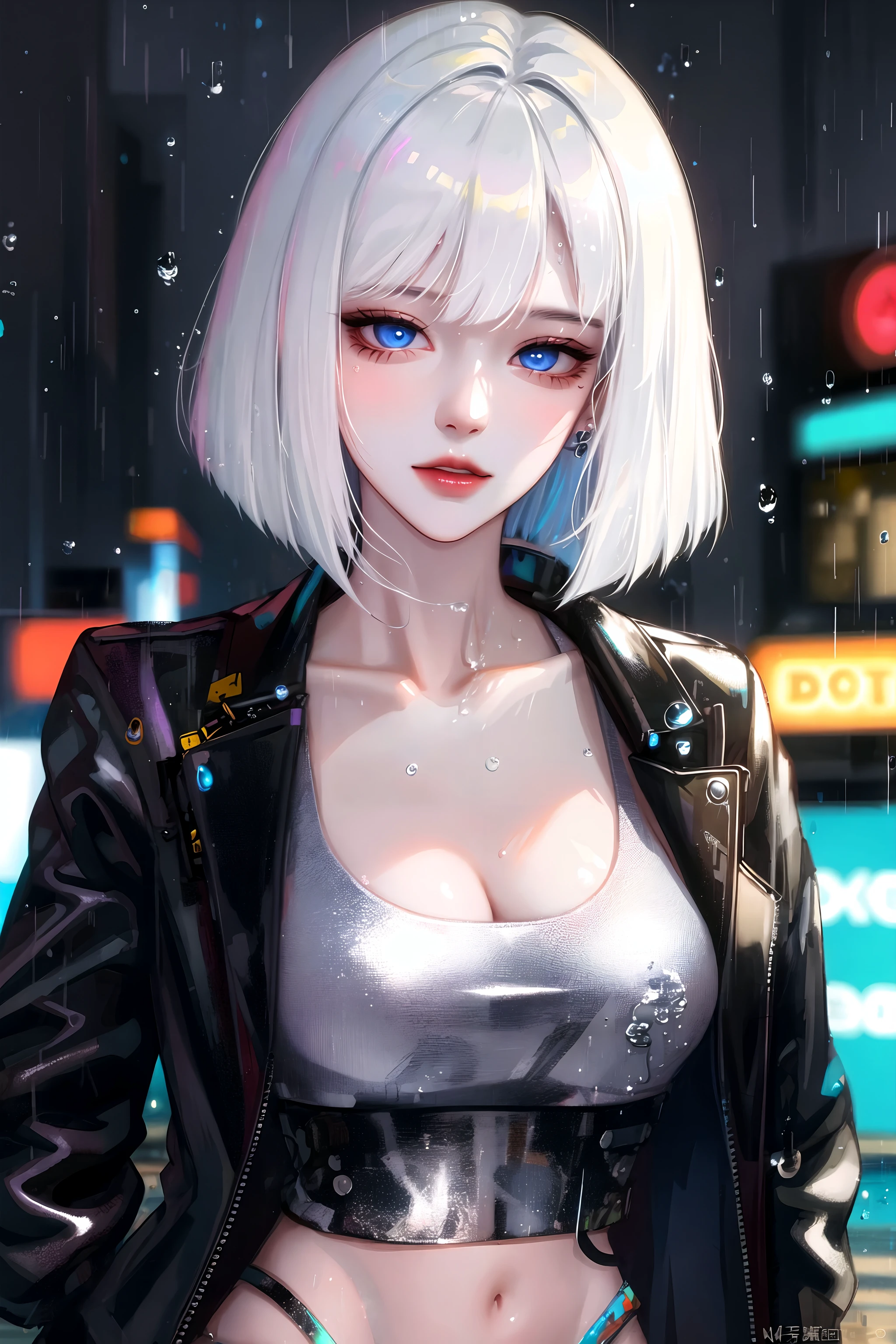 1girl, bangs, white hair, blue eyes, fashi-girl,bob cut,short hair, cleavage, collarbone, open jacket,mecha,cyberpunk,neon lights,large breasts,mature female,shiny skin,rain,water drop,badass,alluring
