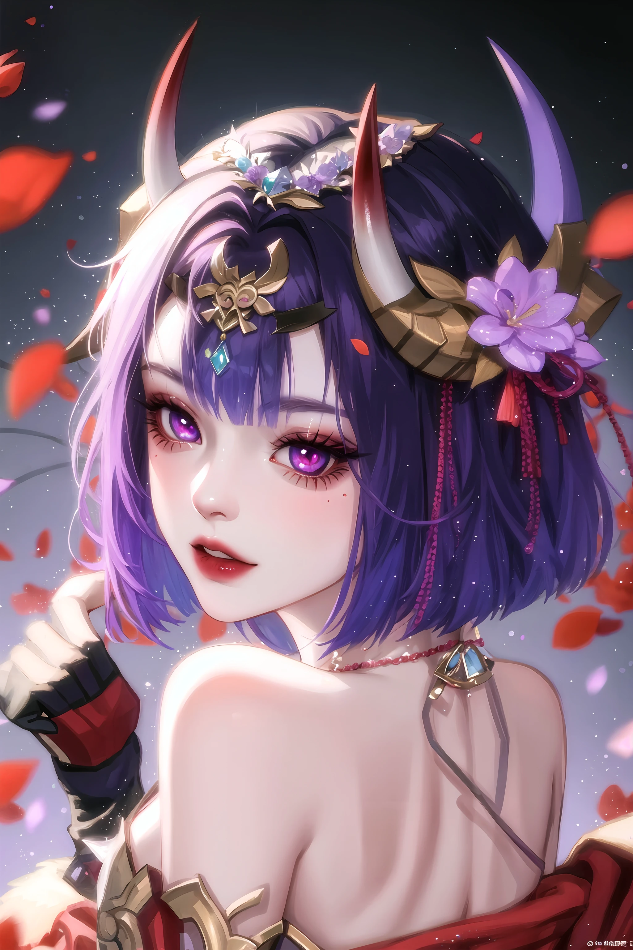 1girl, bangs, bare shoulders, bob cut, bridal gauntlets, collarbone, eyeliner, eyeshadow, flower, gem, headpiece, holding, holding flower, horns, fashi-g, looking at viewer, makeup, multicolored eyes, oni, oni horns, petals, portrait, purple eyes, purple hair, short eyebrows, short hair, shuten douji \(fate\), skin-covered horns, solo