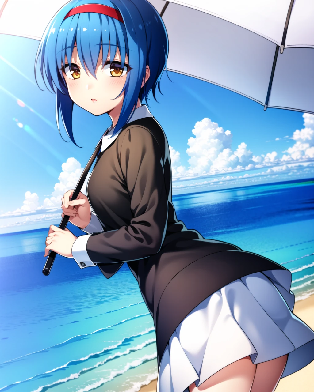 ((masterpiece)), ((best quality)), ((highres)), ((detailed background)), ((extremely detailed CG unity 8k wallpaper)), solo, cowboy shot, beach, <lora:nishizono mio:1>, nishizono mio, ((red headband))