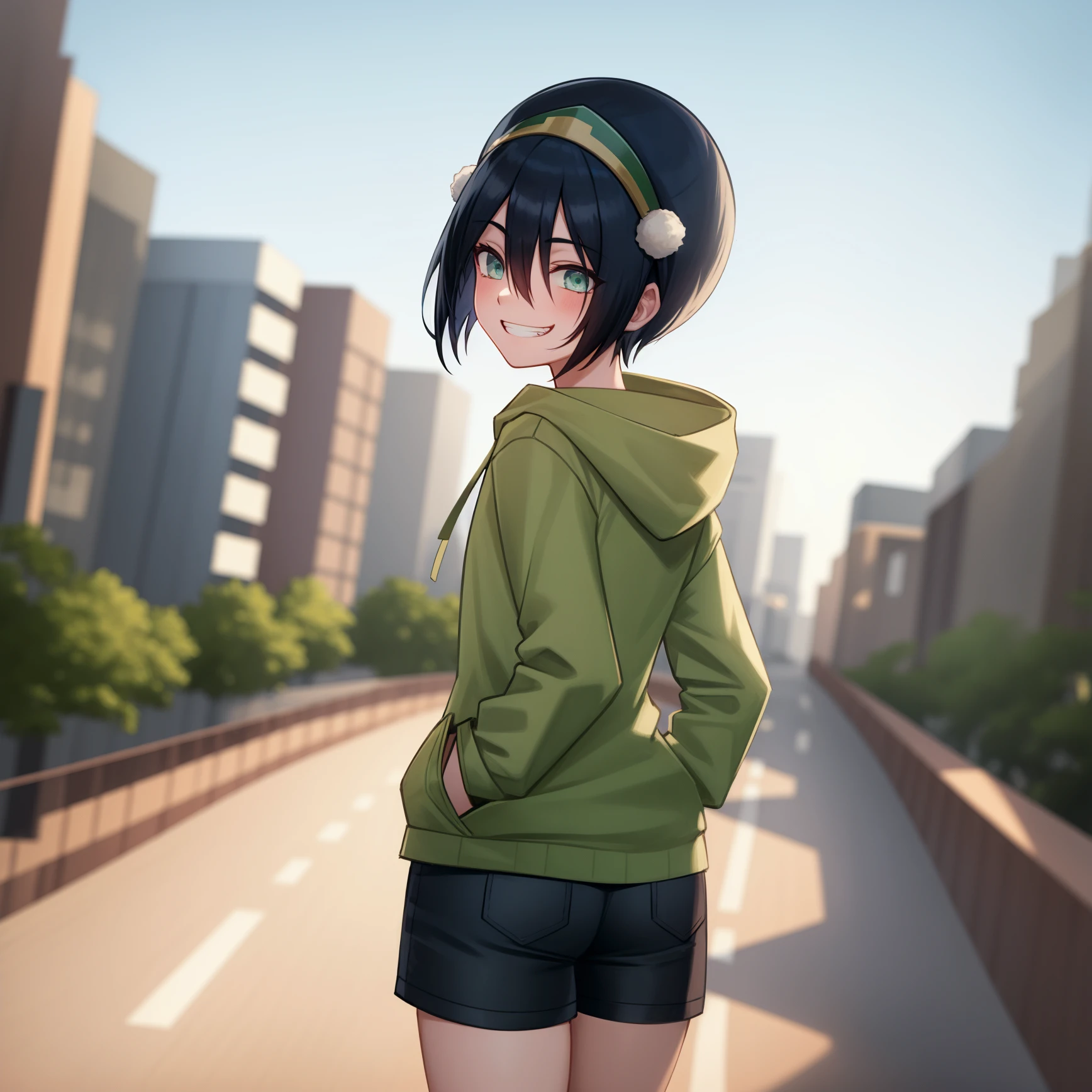 <lora:Toph:1>,
masterpiece,best quality, citi,blue sky, 
1girl,solo,black hair,hairband, short hair,hair between eyes,( blind:1.0),green eyes,cowboy shot,,skinny,short,walking,hands in pockets, hoodie, bare legs, shorts,from behind, looking back, grin,