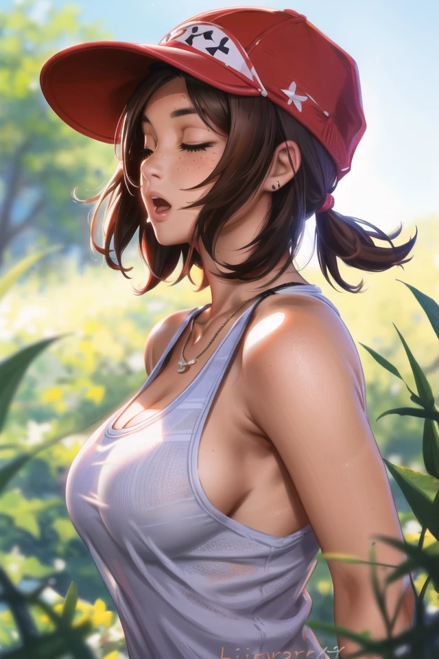 <lora:Liang_Xing:.6>, Liang Xing, masterpiece, best quality, 1girl, breasts, solo, hat, closed eyes, large breasts, cleavage, striped, beanie, brown hair, lips, upper body, parted lips, realistic, bare shoulders, sideboob, strap gap, necklace, red headwear, tank top, jewelry, freckles, medium hair, teeth, from side, short hair, black hair, shirt, traditional media, blurry, open mouth, nose, striped shirt,