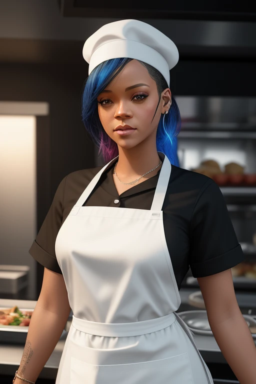 half-body portrait 3d render, Rihanna working as a line cook in a busy restaurant, sporting a white chef hat and apron, 3d, octane render, depth of field, unreal engine 5, concept art, vibrant colors, glow, trending on artstation, ultra high detail, ultra realistic, cinematic lighting, focused, 8 k