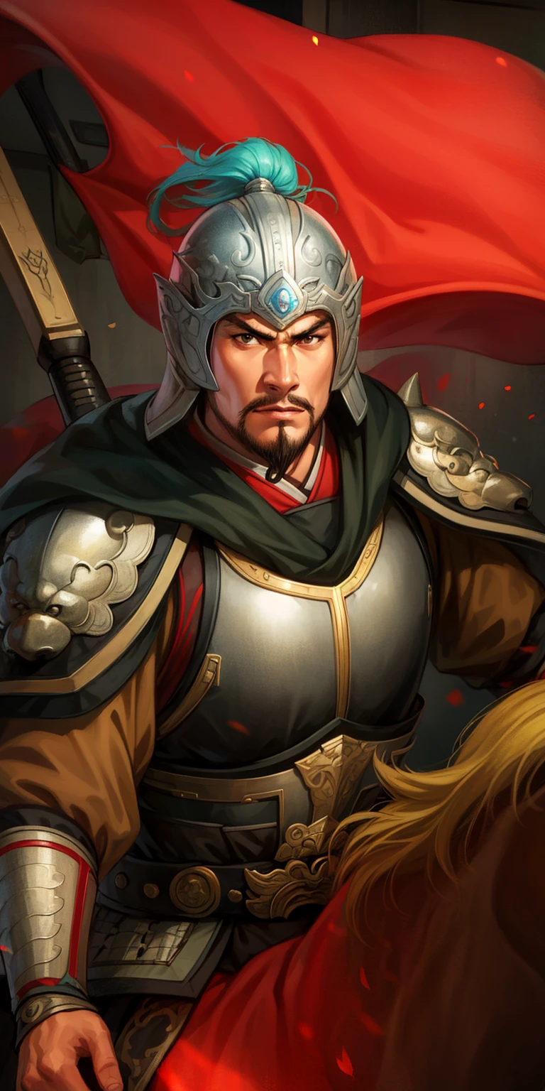 (4k,   best quality, highres:1.1), (masterpiece:1.1),   man, (Chinese male:1.2), middle-aged, warrior, detailed eyes, facial hair, muscular, strong, brave, courageous, powerful, honorable, disciplined, confident, looking at viewer,
face, bracer, helmet, armor, holding weapon, riding, horse, black, red,