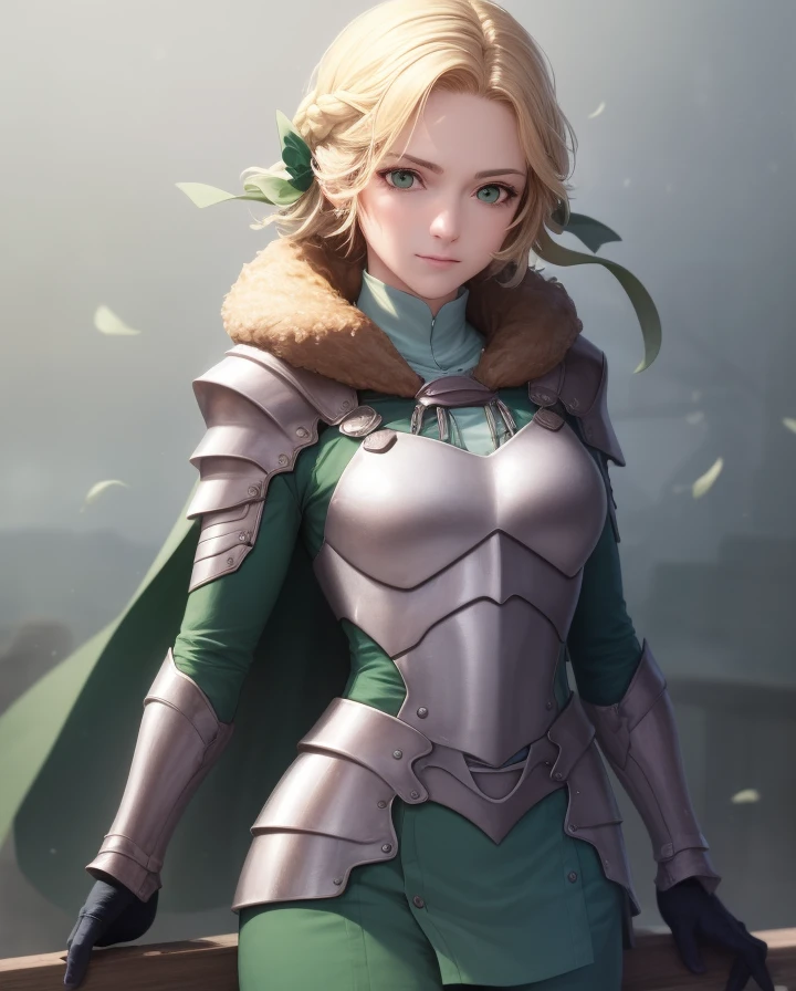 masterpiece, 4k, best quality, ingrid_timeskip, armor, fur trim, green cape, greaves, hair ribbons, green gloves, looking at viewer, cowboy shot, slight smile, closed mouth