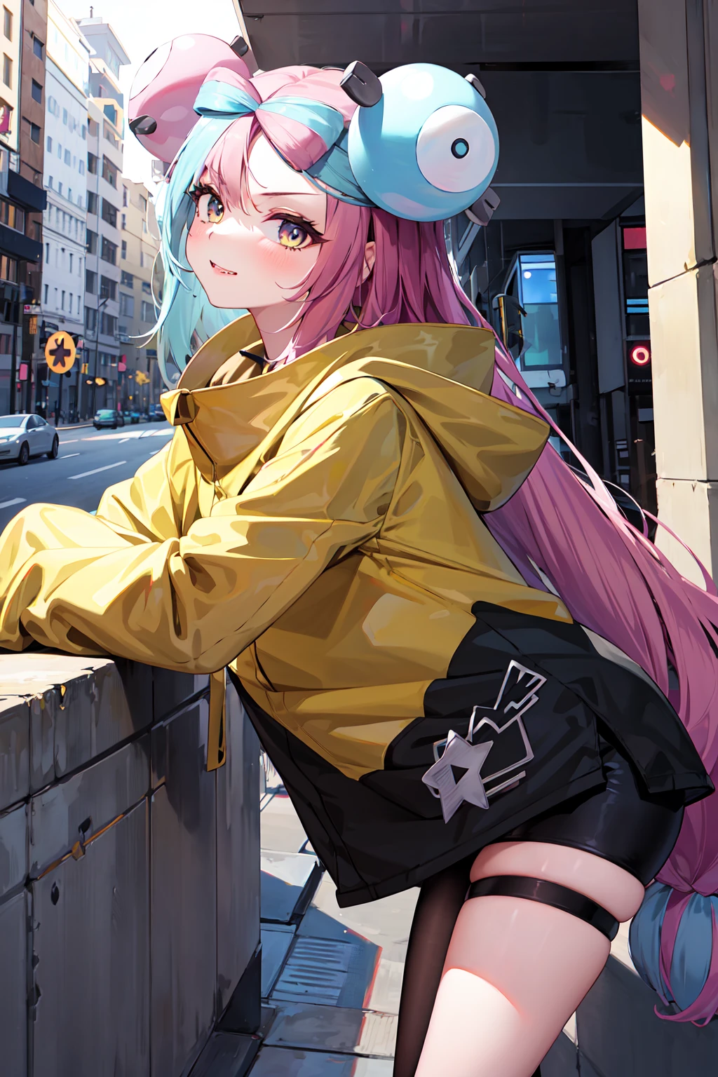 masterpiece, best quality, highres, iono1, 1girl, long hair, <lora:iono_v1-000006:0.9>, yellow jacket, street, long sleeves, cowboy shot, leaning forward, pointing at viewer,