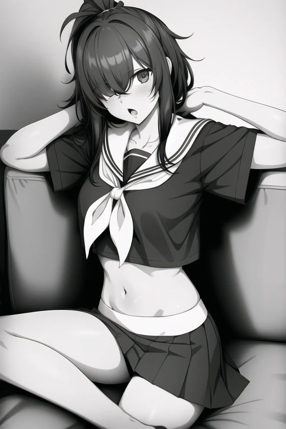 <lora:Neocoill:.6>, neocoill, masterpiece, best quality, 1girl, monochrome, greyscale, solo, couch, school uniform, serafuku, ahoge, skirt, on side, hair over one eye, pleated skirt, navel, lying, open mouth, breasts, bandages, midriff, arm behind head, pillow, shorts, sailor collar, bangs, ponytail, messy hair, on couch, shorts under skirt, bike shorts, looking at viewer, neckerchief