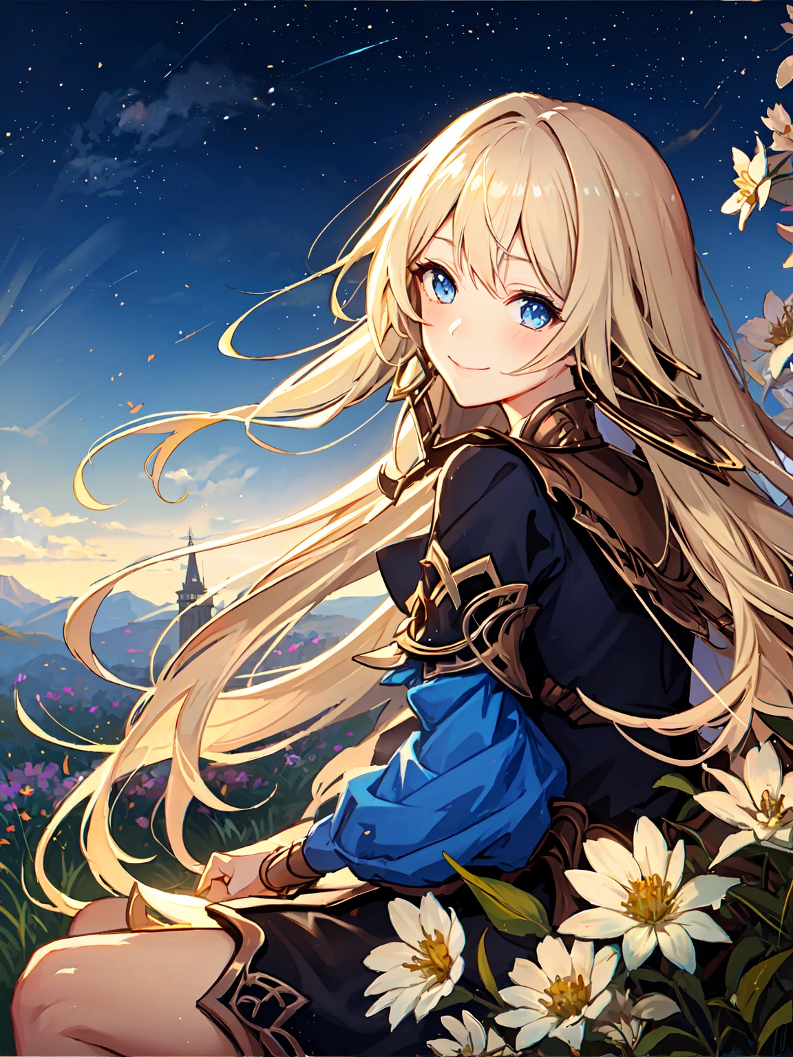 masterpiece,best quality,1girl,<lora:ShadowverseTetra:0.75>,blonde hair,glowing blue eyes,close-up,serious,shiny,shy,blush,,grass,flowers,adjusting hair,turning head,looking at viewer,smile,sitting,from side,starry sky