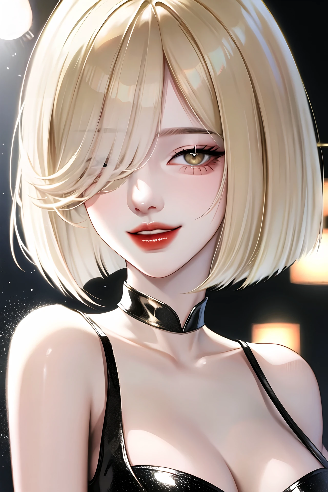 fashi-g,large breasts,(alluring),parted lips,looking at viewer,solo,red lips,shiny skin,upper body,blonde hair,hair over one eye,bob cut,light smile
