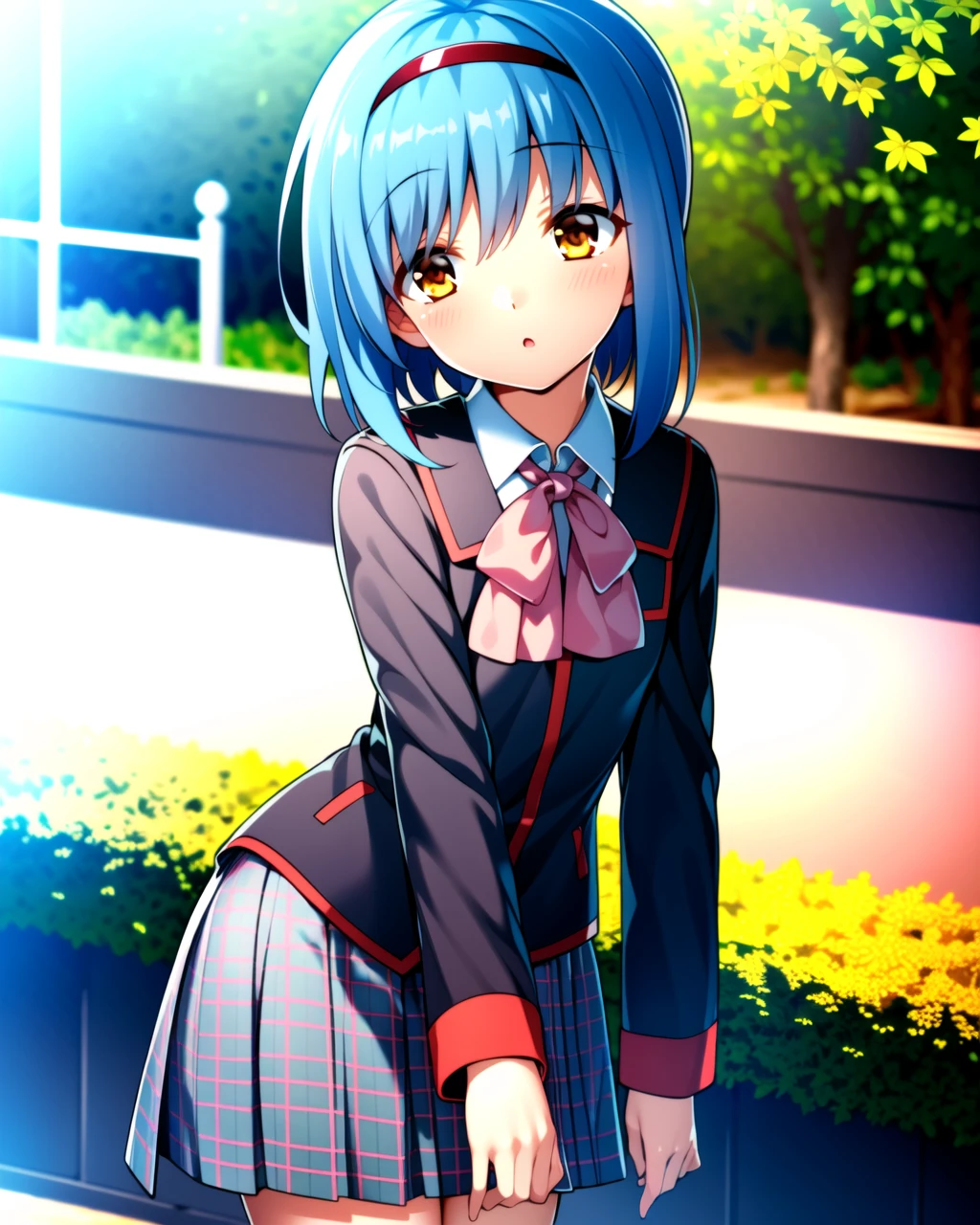 ((masterpiece)), ((best quality)), ((highres)), ((detailed background)), ((extremely detailed CG unity 8k wallpaper)), solo, cowboy shot, outdoors, <lora:nishizono mio:1>, nishizono mio, black uniform with red trim and pink bow, pleated grey plaid skirt, black socks,