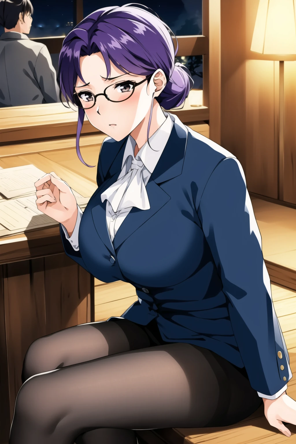 地点：(Night:1.7), School, Old wooden house,
动作：sitting at attention,sitting on couch,
服饰：glasses,blue jacket,collared_shirt,long_sleeves, Black_pencil_skirt,pantyhose,
角色：<lora:MinamiAyaka-V1:0.7>,
头发：purple_hair,hair_bun,
角色鎖定：
1 girl,Solo, Manga,20yo,mature female,Beautiful Finger,Beautiful long legs,Beautiful body,Beautiful Nose,Beautiful character design, perfect eyes, perfect face,
眼神表情：
looking at viewer, (innocent_big_eyes:1.0),(expressionless:1.3),
畫質:
official art,extremely detailed CG unity 8k wallpaper, perfect lighting,Colorful, Bright_Front_face_Lighting,
(masterpiece:1.0),(best_quality:1.0), ultra high res,4K,ultra-detailed,
photography, 8K, HDR, highres, absurdres:1.2, Kodak portra 400, film grain, blurry background, bokeh:1.2, lens flare, (vibrant_color:1.2)
身材:
(Beautiful,large_Breasts:1.4), (beautiful_face:1.5),(narrow_waist),
Negative prompt: EasyNegative, bad_prompt, bad-artist-anime, bad-hands-5, lowres, bad anatomy, bad hands, text, error, missing fingers, extra digit, fewer digits, cropped, jpeg artifacts, signature, watermark, username, blurry, out of focus, censorship, Missing vagina, Blurry faces, Blank faces, bad face, Ugly, extra ear, amputee, missing hands, missing arms, missing legs, Extra fingers, 6 fingers, Extra feet, Missing nipples, ghost, futanari, Extra legs, Extra hands, panties,pants, (painting by bad-artist-anime:0.9), (painting by bad-artist:0.9), text, error, blurry, jpeg artifacts, cropped, normal quality, artist name, (worst quality, low quality:1.4),
Steps: 27, Sampler: Euler a, CFG scale: 7, Seed: 246874303, Size: 512x768, Model hash: 3e9211917c, Model: yesmix_v16Original, Denoising strength: 0.5, Hires upscale: 2, Hires steps: 18, Hires upscaler: R-ESRGAN 4x+ Anime6B