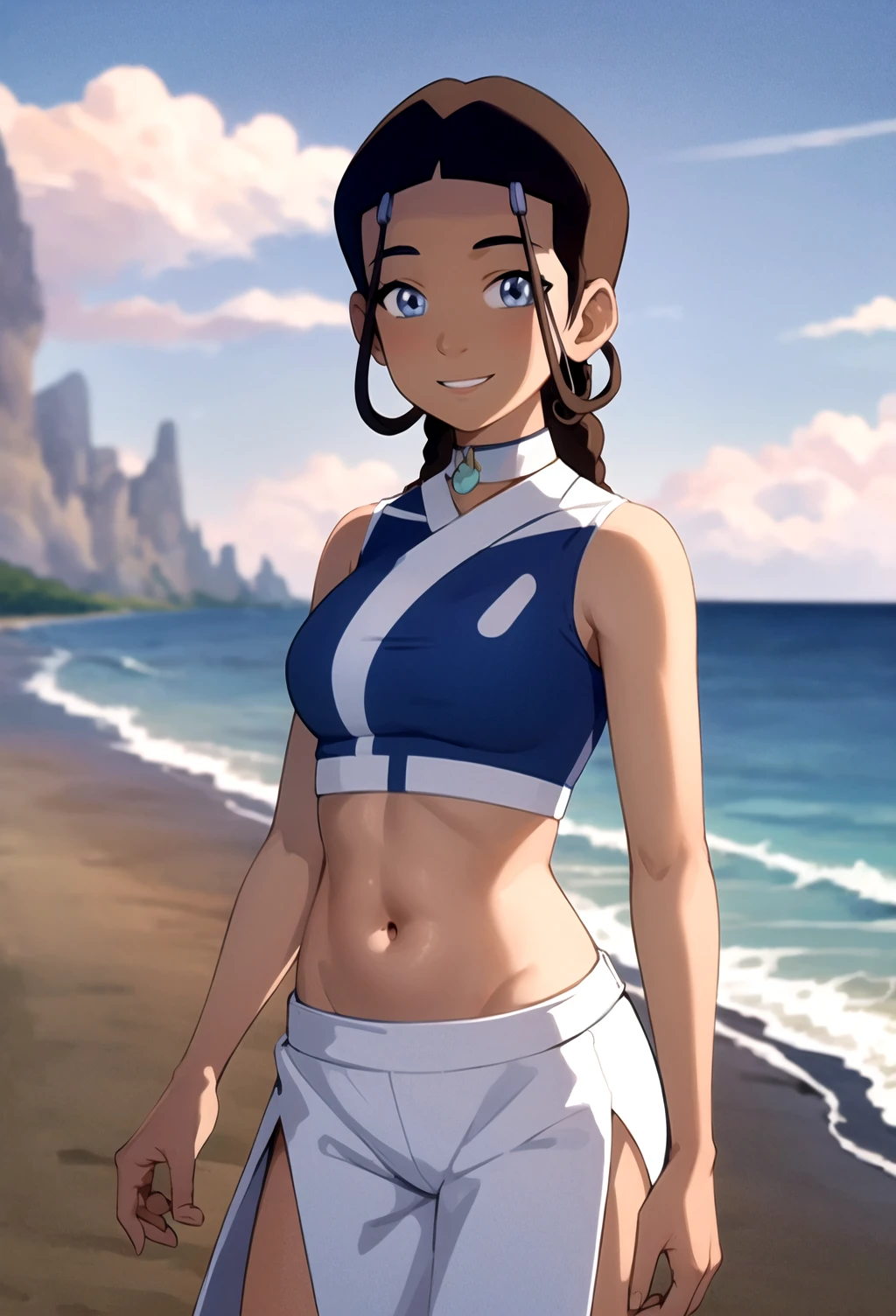 masterpiece, best quality, 1girl, katara, toned, dark skin, brown hair, long hair, midriff, navel, crop top, jewelry, looking at viewer, smile, beach background, sunshine, sky, cloud, (blue eyes:0.6) <lora:KataraV2:1>