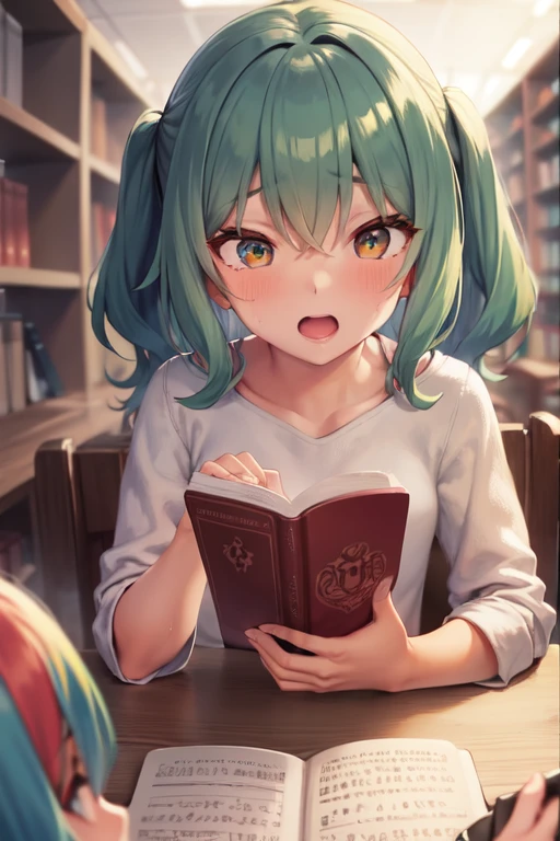 (2girls:1.2), 1boy, pov, pov across table, table, library, book, red hair, green hair,
<lora:concept-pov_across_table-v1-000008:0.7>