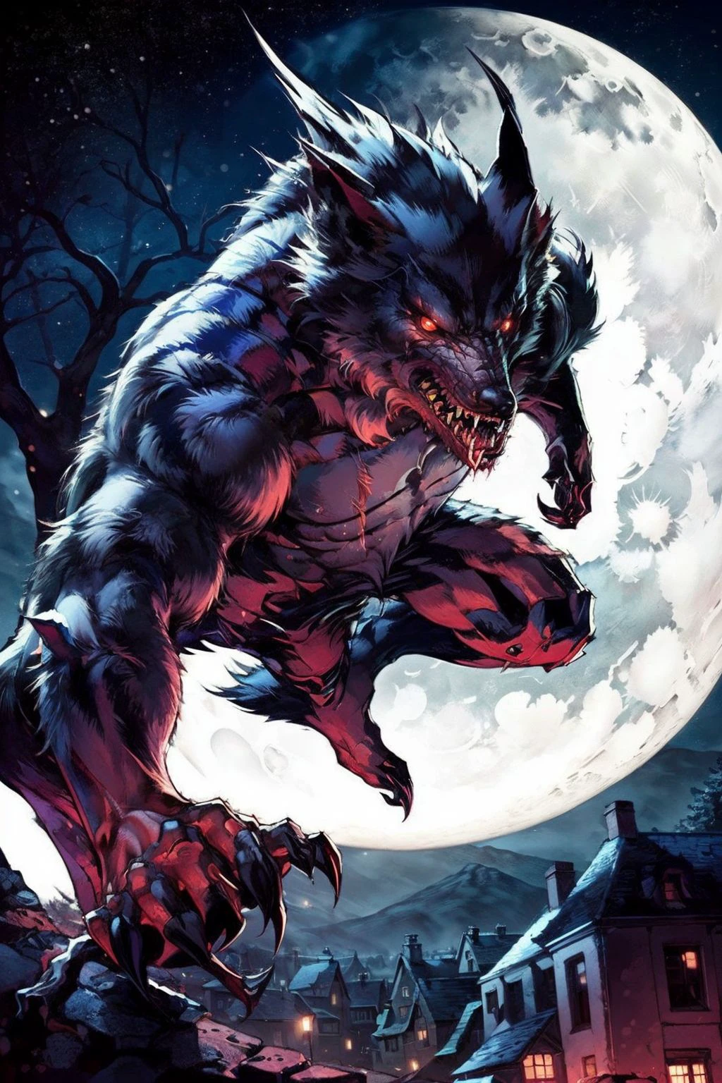 werewolf with bloody fangs, in a small medievil town, moon in the background <lora:werewolf_v1.0:1>