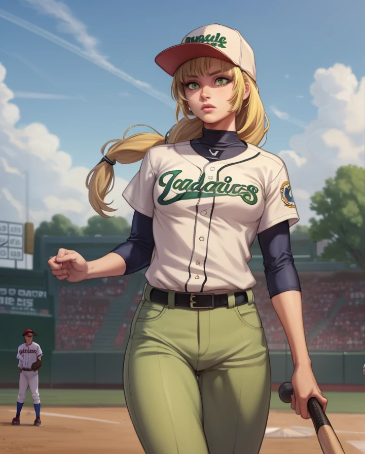 masterpiece, best quality, ingrid_academy, braided ponytail, baseball cap, baseball uniform, baggy pants, holding baseball bat, walking, green eyes