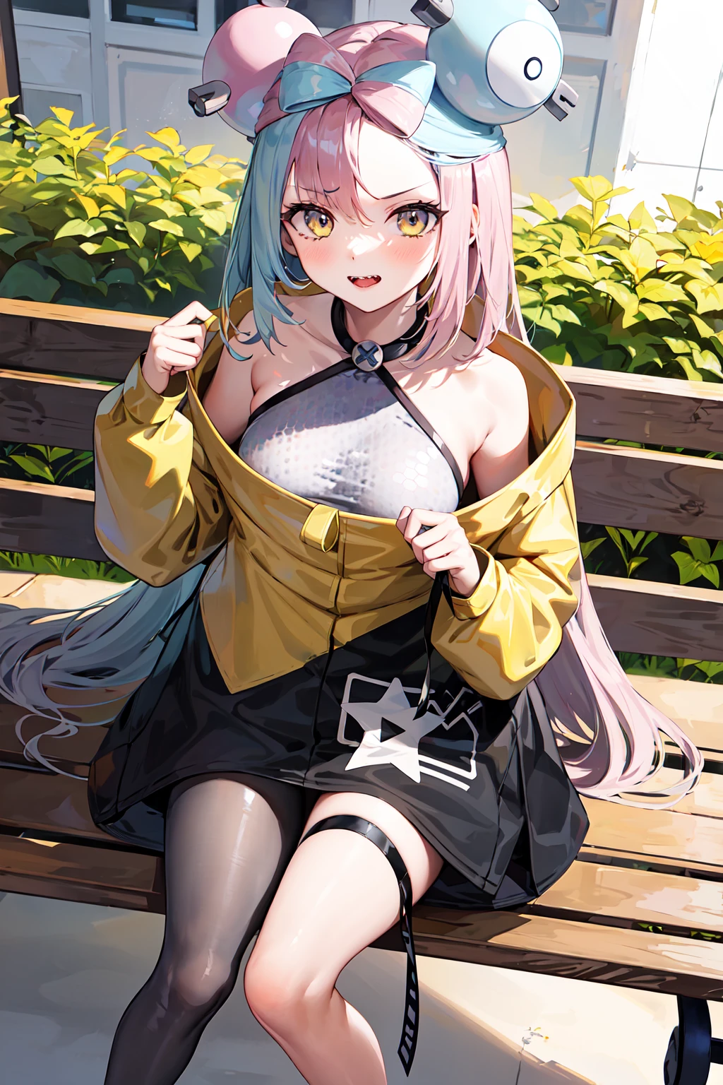 masterpiece, best quality, highres, iono1, 1girl, long hair, <lora:iono_v1-000006:0.9>, yellow jacket, off shoulder, hair ornament, bench, sitting,