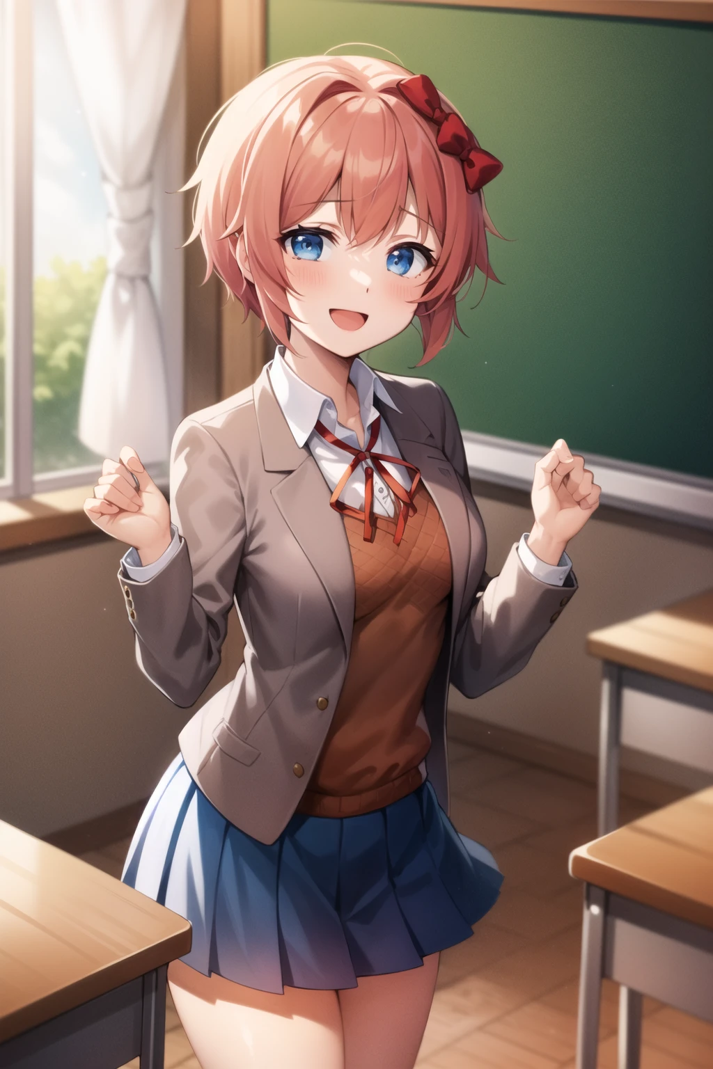 2d, masterpiece, best quality, anime, highly detailed, cowboy shot, 1girl, solo, sayori, blue eyes, pink hair, short hair, hair bow, red bow, school uniform, blazer, brown sweater, collared shirt, neck ribbon, blue skirt, standing, clenched hands, :d, classroom <lora:ddlc-10:1>