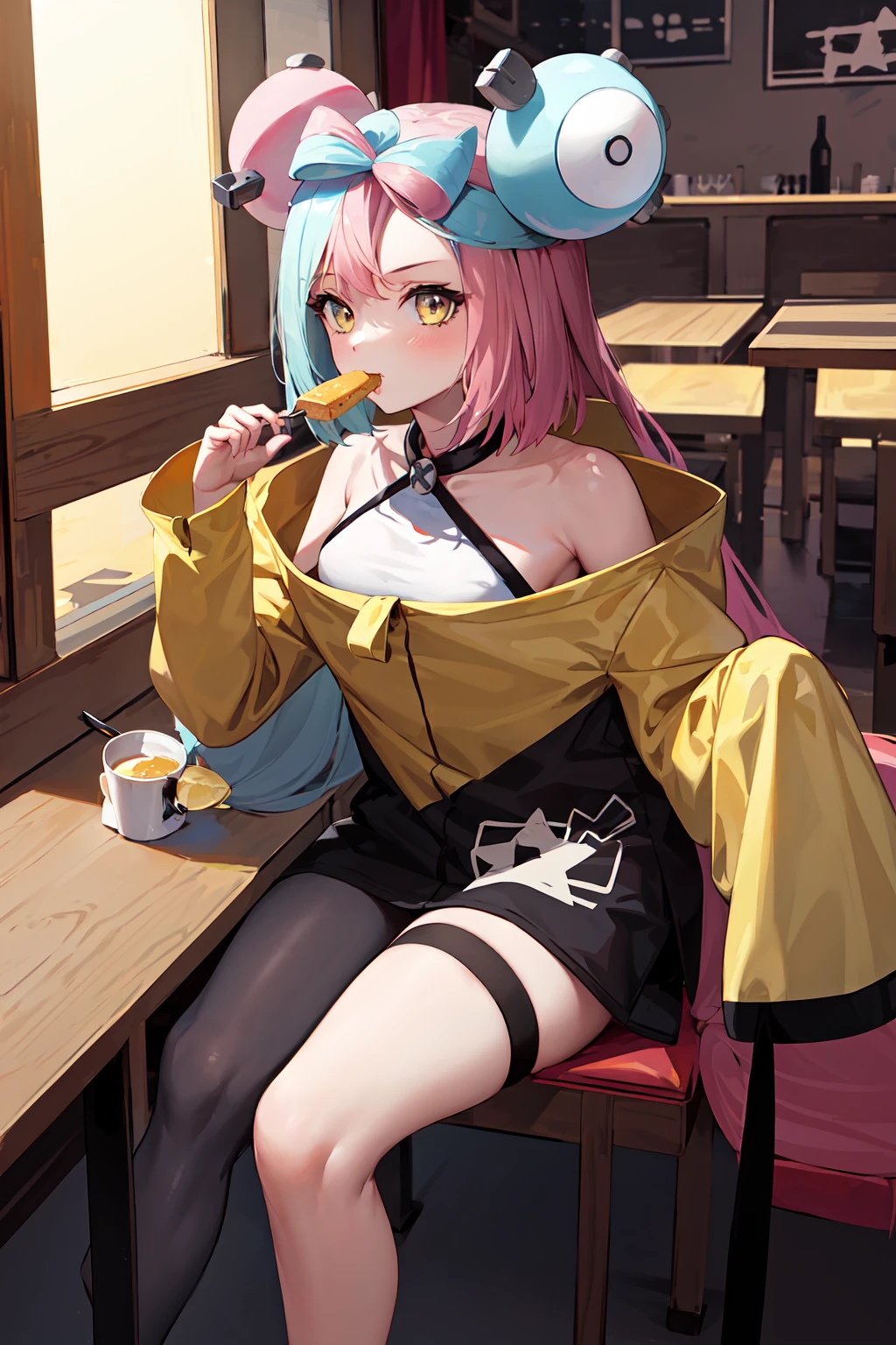 masterpiece, best quality, highres, iono1, 1girl, long hair, <lora:iono_v1-000006:0.9>, yellow jacket, off shoulder, hair ornament, restaurant, sitting, eating, food