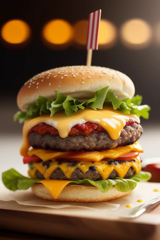 Photo of a burger with cheese from food photograph, food photography, photorealistic, ultra realistic, maximum detail, foreground focus, recipes.com, epicurious, instagram, 8k, volumetric light, cinematic, octane render, uplight, no blur, depth of field, dof, bokeh