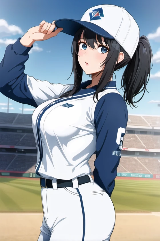 <lora:Neocoill:.6>, neocoill, masterpiece, best quality, 1girl, baseball uniform, solo, baseball mitt, baseball cap, hat, baseball, sky, sportswear, cloud, black hair, blue sky, day, holding, shirt, bangs, medium hair, long sleeves, standing, holding ball, outdoors, looking at viewer, parted lips, large breasts, mature female,