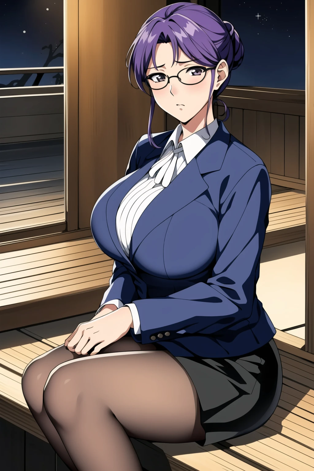 地点：(Night:1.7), School, Old wooden house,
动作：sitting at attention,sitting on couch,
服饰：glasses,blue jacket,collared_shirt,long_sleeves, Black_pencil_skirt,pantyhose,
角色：<lora:MinamiAyaka-V1:0.7>,<lora:odaNonStyleLORA_v2:0.2>, oda Non,
头发：purple_hair,hair_bun,
角色鎖定：
1 girl,Solo, Manga,20yo,mature female,Beautiful Finger,Beautiful long legs,Beautiful body,Beautiful Nose,Beautiful character design, perfect eyes, perfect face,
眼神表情：
looking at viewer, (innocent_big_eyes:1.0),(expressionless:1.3),
畫質:
official art,extremely detailed CG unity 8k wallpaper, perfect lighting,Colorful, Bright_Front_face_Lighting,
(masterpiece:1.0),(best_quality:1.0), ultra high res,4K,ultra-detailed,
photography, 8K, HDR, highres, absurdres:1.2, Kodak portra 400, film grain, blurry background, bokeh:1.2, lens flare, (vibrant_color:1.2)
身材:
(Beautiful,large_Breasts:1.4), (beautiful_face:1.5),(narrow_waist),
Negative prompt: EasyNegative, bad_prompt, bad-artist-anime, bad-hands-5, lowres, bad anatomy, bad hands, text, error, missing fingers, extra digit, fewer digits, cropped, jpeg artifacts, signature, watermark, username, blurry, out of focus, censorship, Missing vagina, Blurry faces, Blank faces, bad face, Ugly, extra ear, amputee, missing hands, missing arms, missing legs, Extra fingers, 6 fingers, Extra feet, Missing nipples, ghost, futanari, Extra legs, Extra hands, panties,pants, (painting by bad-artist-anime:0.9), (painting by bad-artist:0.9), text, error, blurry, jpeg artifacts, cropped, normal quality, artist name, (worst quality, low quality:1.4),
Steps: 27, Sampler: Euler a, CFG scale: 7, Seed: 2173996622, Size: 512x768, Model hash: 3e9211917c, Model: yesmix_v16Original, Denoising strength: 0.5, Hires upscale: 2, Hires steps: 18, Hires upscaler: R-ESRGAN 4x+ Anime6B