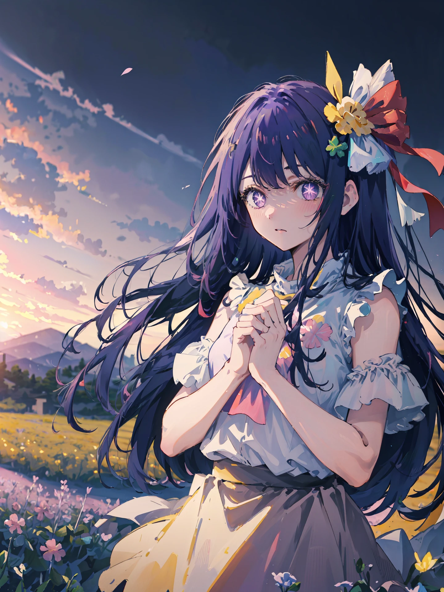 1girl, landscape, panorama, overlook,(high contrast:0.8),(distant view),blurry foreground,wind, cowboy shot,
HshinoAi, long hair, purple hair, purple eyes, hair ornament, star-shaped pupils, pink shirt, sleeveless, shirt, idol,
looking at viewer, own hands clasped,
Sports, afterimage, beautiful detailed sky, clover, flower field,
masterpiece,highres,extremely detailed CG unity 8k wallpaper, best quality, ultra-detailed,
<lora:animeScreenshotLikeStyleMixLora_v10:1:BACKGROUND> <lora:HoshinoAi_v5-000006:1:CHARACTER>