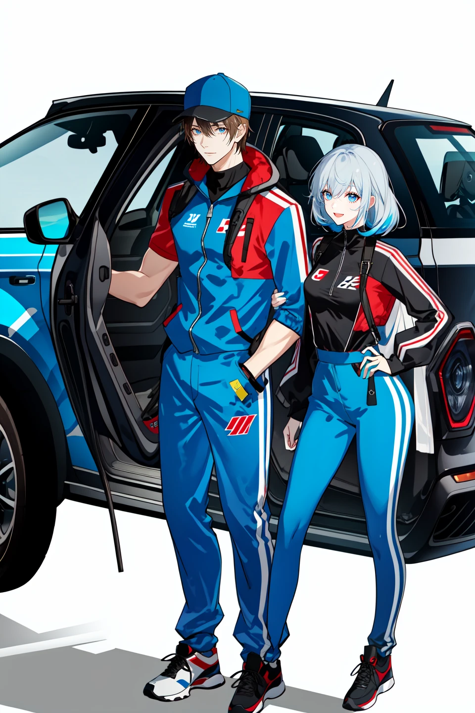 masterpiece, best quality, 2others, couple, 1man with 1woman, Height difference, happy, love, jumpsuit, car repair shop, different color hair