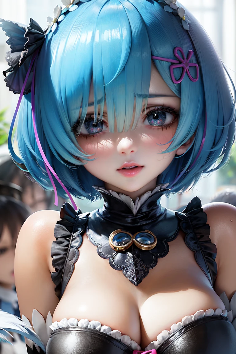(masterpiece), (best quality), HDR, intricate detail, 1girl, solo focus, skin imperfection, skindentation, perfect face, puffy face, beautiful face, big eyes, puffy eyes, perfect eyes, eyelashes, rem from re:zero, short hair