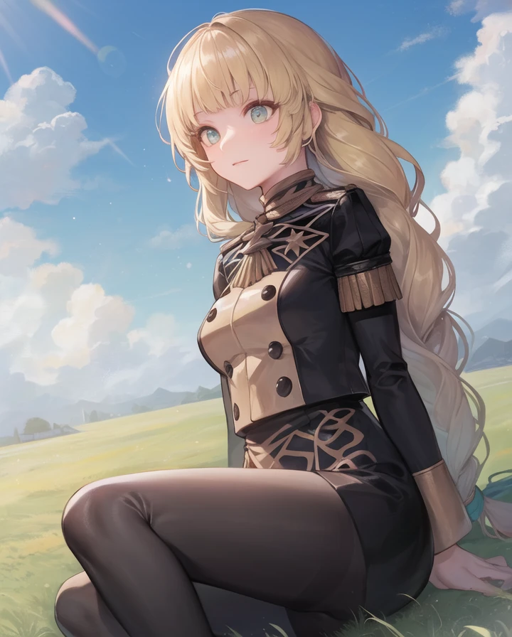 masterpiece, best quality, ingrid_academy, braided ponytail, garreg mach monastery uniform, black skirt, blue pantyhose, sitting, grass, blue sky, clouds