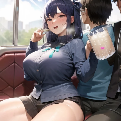 cumgar,<lora:cumgar-20:1>,Big ass girl enjoys a soft drink on the train seat, while her friends watch her, Her friends look at her like she's crazy,cum in container,gokkun,cum on body,Girl sweating and excited