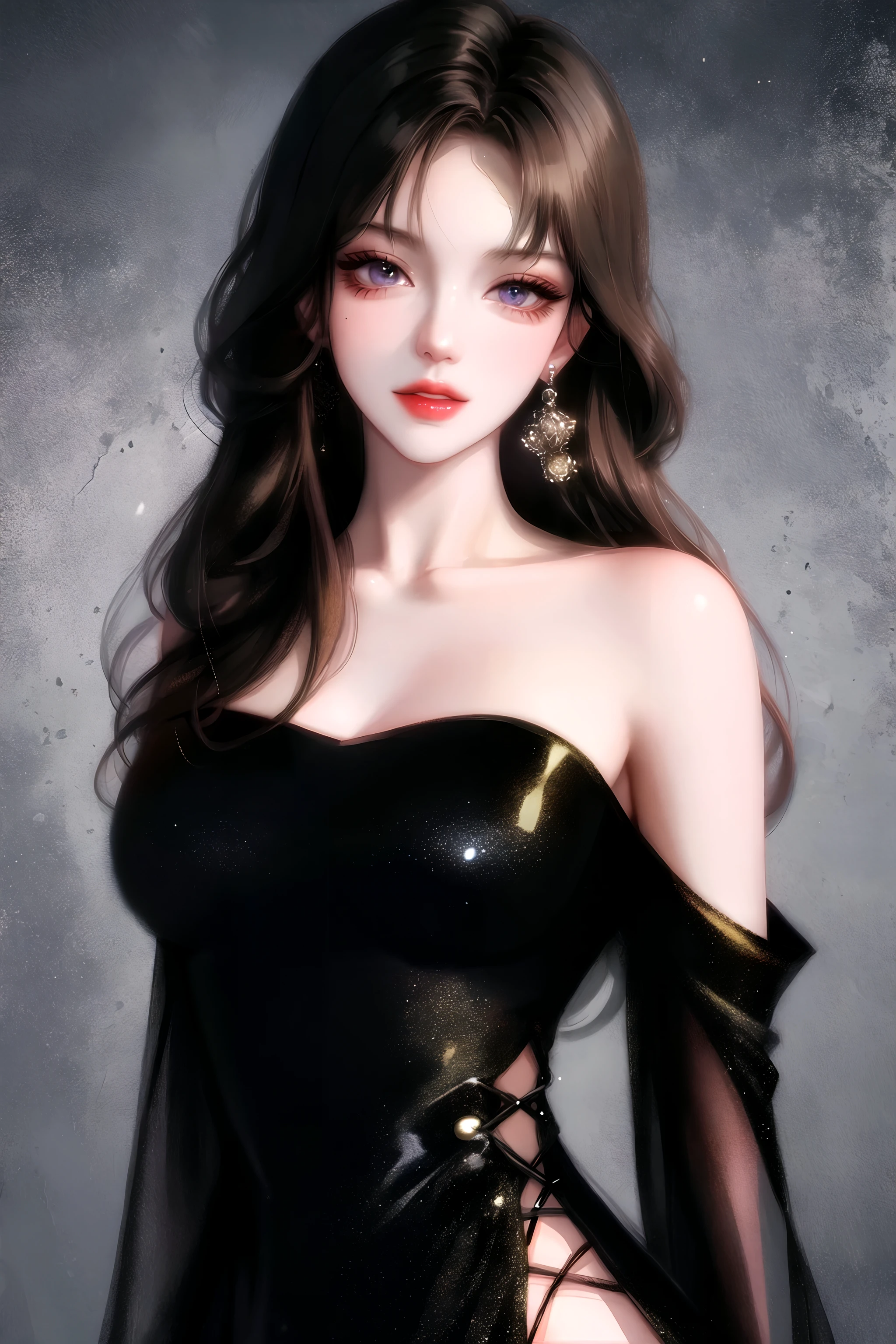 1girl, fashi-g,black dress,off shoulder,shiny skin