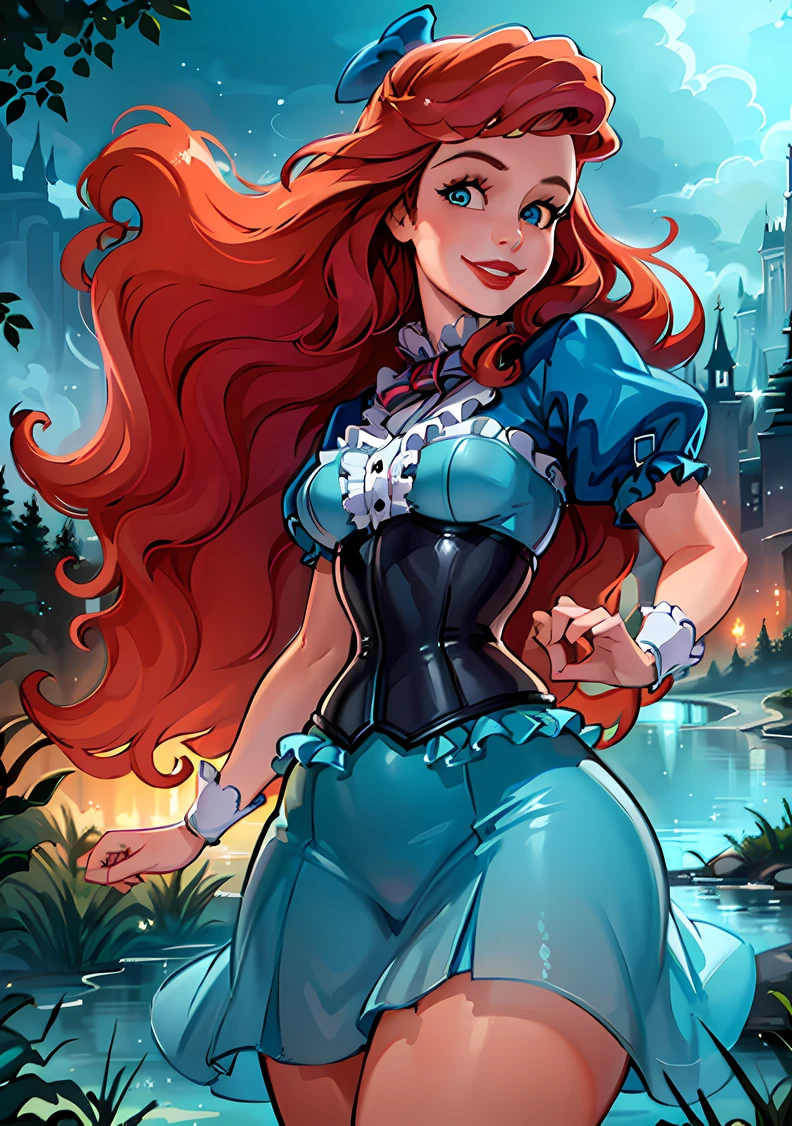 (ArielWaifu:1), smile, cute, cute pose, looking at viewer, thick thighs, (blue dress, hair bow, corset), walking, from below,
(realistic:1.2), (realism), (masterpiece:1.2), (best quality), (ultra detailed), (8k, 4k, intricate),(full-body-shot:1),(Cowboy-shot:1.2), (85mm),light particles, lighting, (highly detailed:1.2),(detailed face:1.2), (gradients), sfw, colorful,(detailed eyes:1.2),
(detailed ladscape, night, lake, magic forest, plants:1.2),(detailed background),detailed landscape, (dynamic angle:1.2), (dynamic pose:1.2), (rule of third_composition:1.3), (Line of action:1.2), wide shot, daylight, solo,
<lora:Ariel_character-20:0.6> <lora:reiqStyleLORA_v2:0.6>