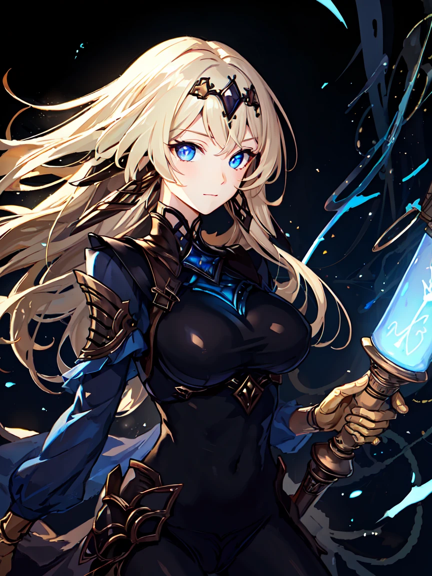 masterpiece,best quality,1girl,<lora:ShadowverseTetra_v1:0.75>,holding weapon,blonde hair,glowing blue eyes,close-up,serious,shiny 