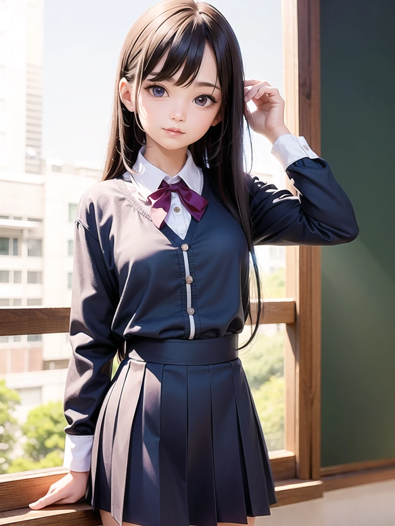1girl, solo,(best quality),(masterpiece:1.1),(school uniform:1.4), long hair, dress, looking_at_viewer, neck_ribbon, cute, clear facial skin