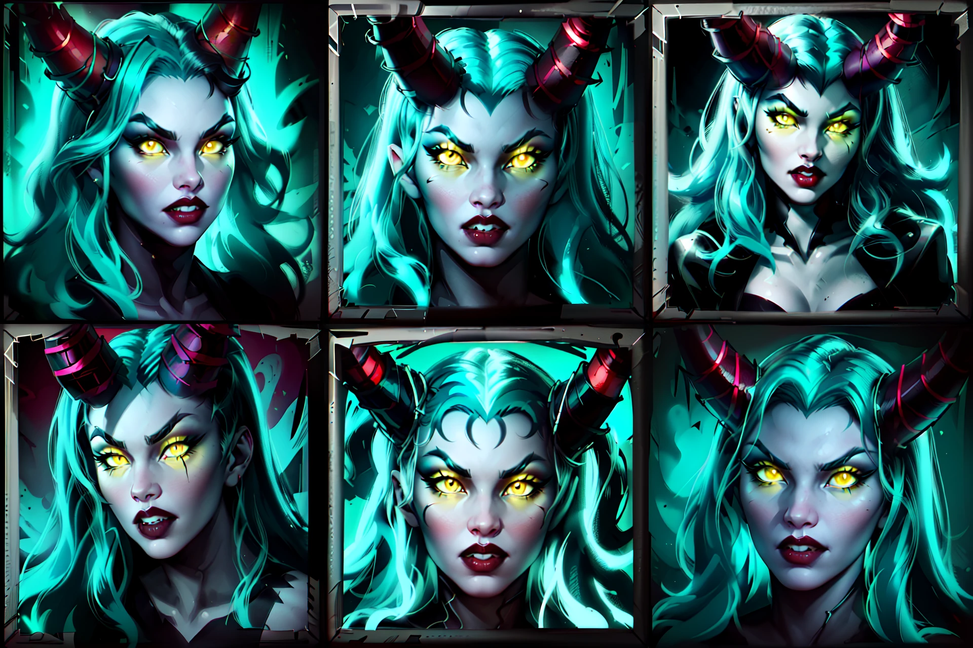 wowicon portrait of demon girl with glowing yellow eyes and dark cyan hair, v-shaped eyebrows, red demon horns, red lips, makeup, parted lips, teeth, pale skin <lora:sxz-wowicons-v5-100:0.8>