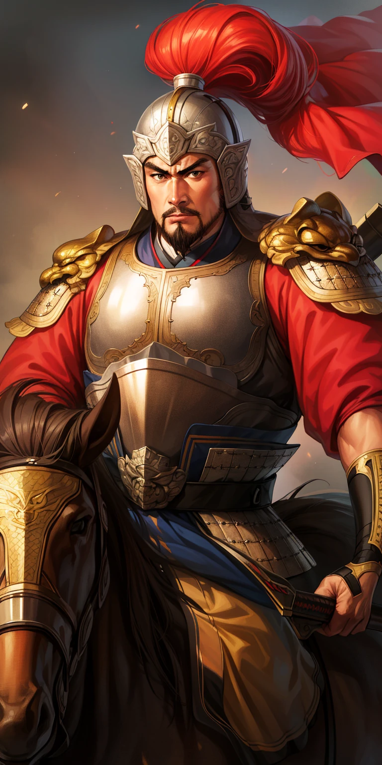 (4k,   best quality, highres:1.1), (masterpiece:1.1),   man, (Chinese male:1.2), middle-aged, warrior, detailed eyes, facial hair, muscular, strong, brave, courageous, powerful, honorable, disciplined, confident, looking at viewer,
face, bracer, helmet, armor, holding weapon, riding, horse, black, red,