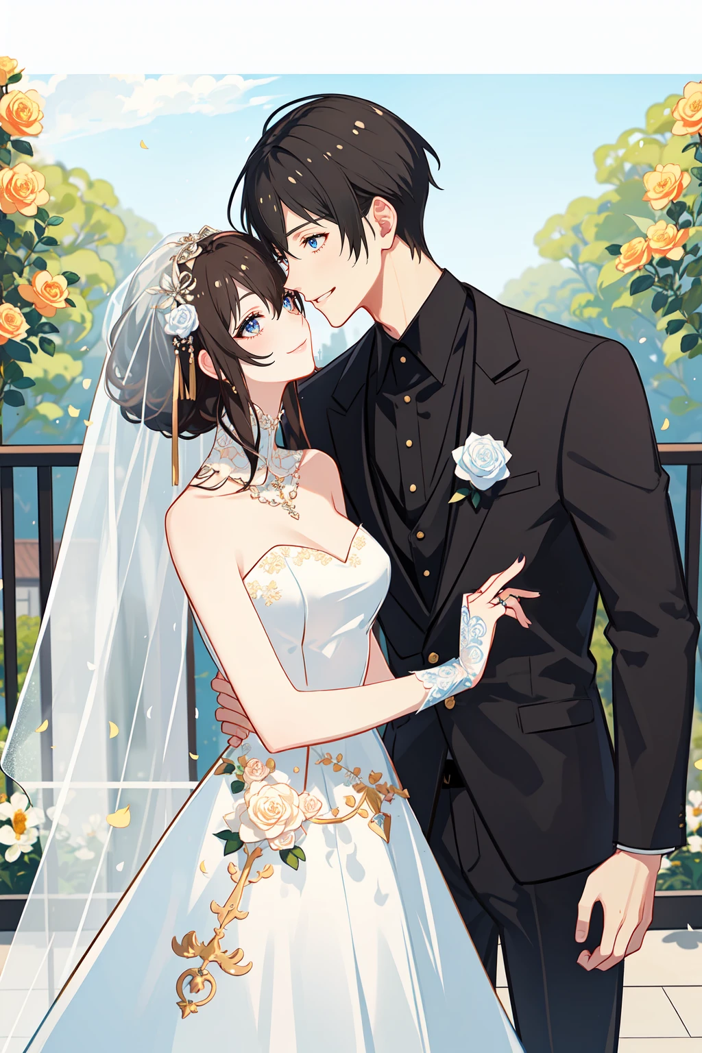 masterpiece, best quality, 2others, couple, 1man with 1woman, mature, adult, Height difference, different fashion, different color, finely detailed eyes and detailed face, intricate details, happy, love, smile, flower-filled landscape, wedding