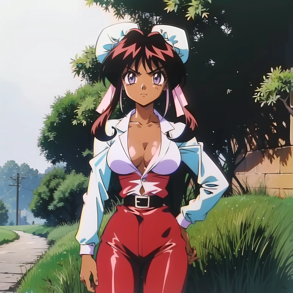1girl, collarbone, impossible clothes, standing, masterpiece, best quality, extremely detailed 8K wallpaper, skin tight, ultra detailed, volumetric lighting, best anatomy, detailed eyes, beautiful eyes, best shadow, ultra detailed, <lora:nanvelc:0.8>, sunny day, grass, green hills, flowers, dirt road, dark_skin, dark-skinned_female, retro_artstyle, 1990s_(style), purple eyes , brown hair, bun_cover